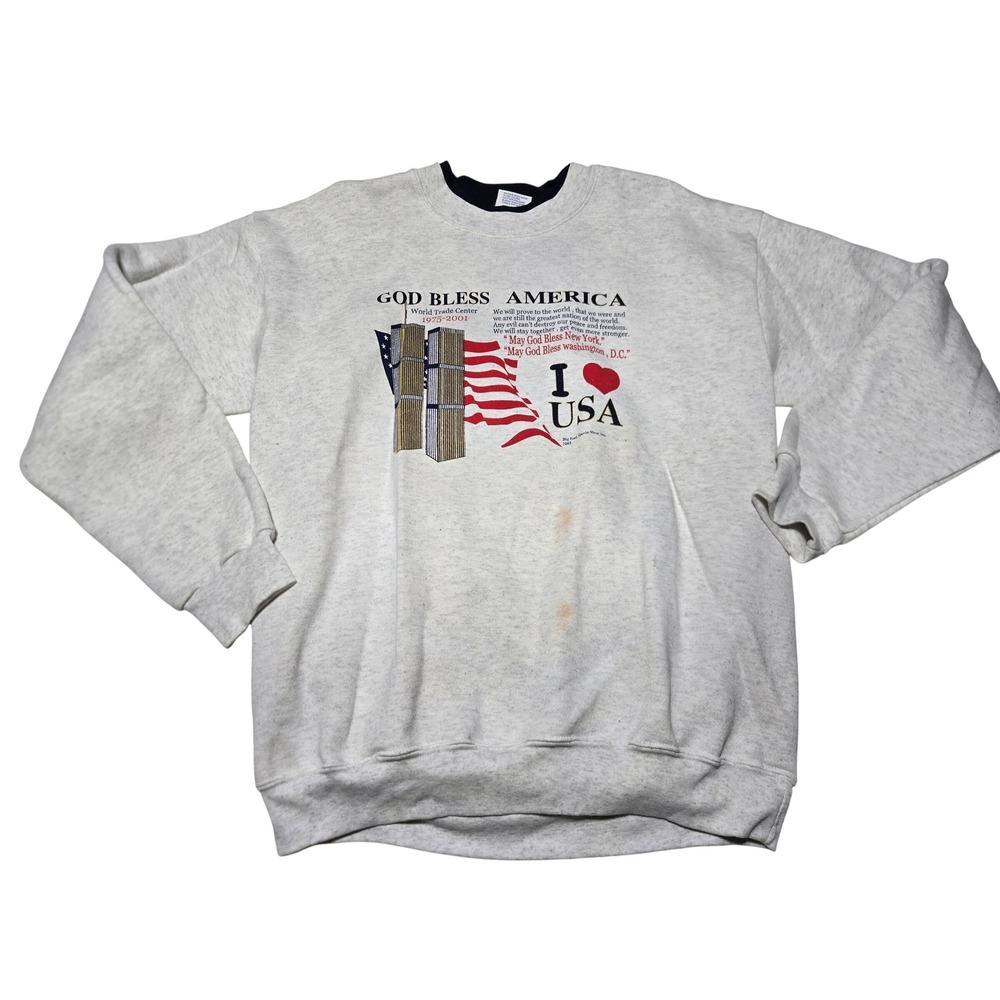 Vintage God Bless America 9/11 Memorial Sweatshirt Men's Large Stained